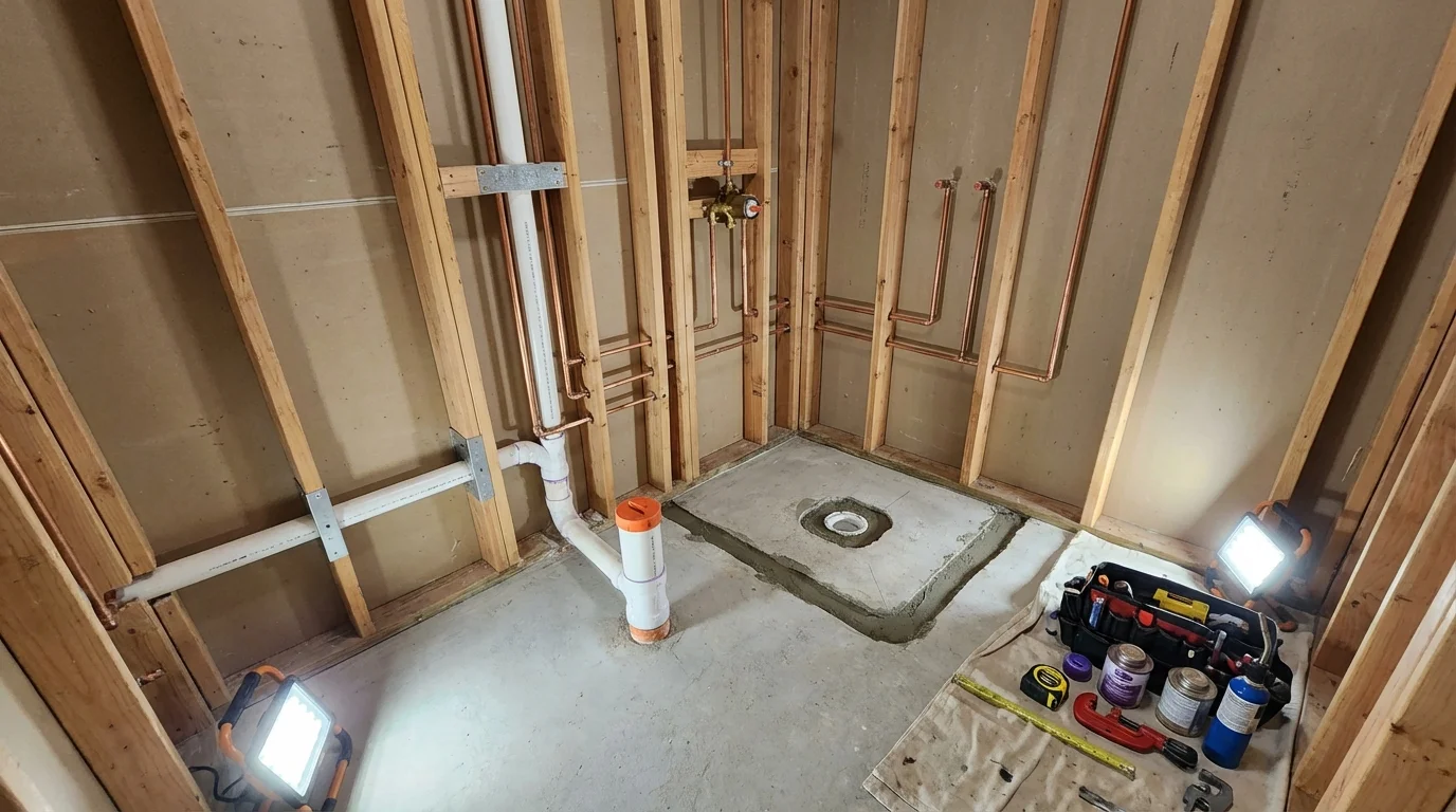 Bathroom rough-in plumbing during remodel by Johns Plumbing LLC in Arlington