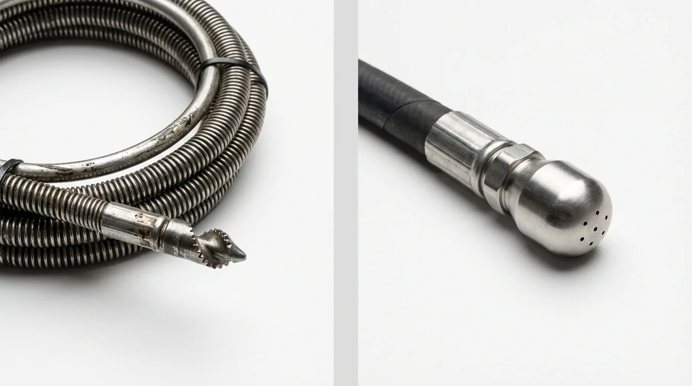 Drain snake cable and hydro jetting nozzle used for drain cleaning in Arlington, OH