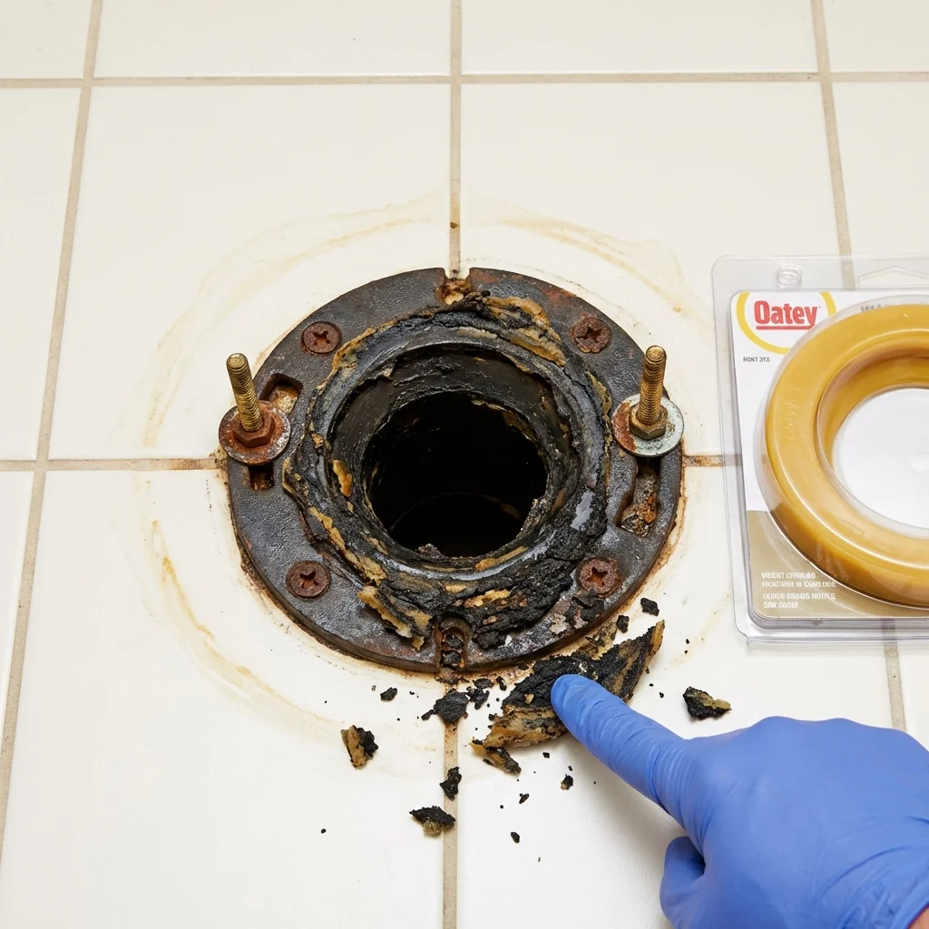 Failed wax ring showing water seepage at the base of a toilet in a Arlington, OH home